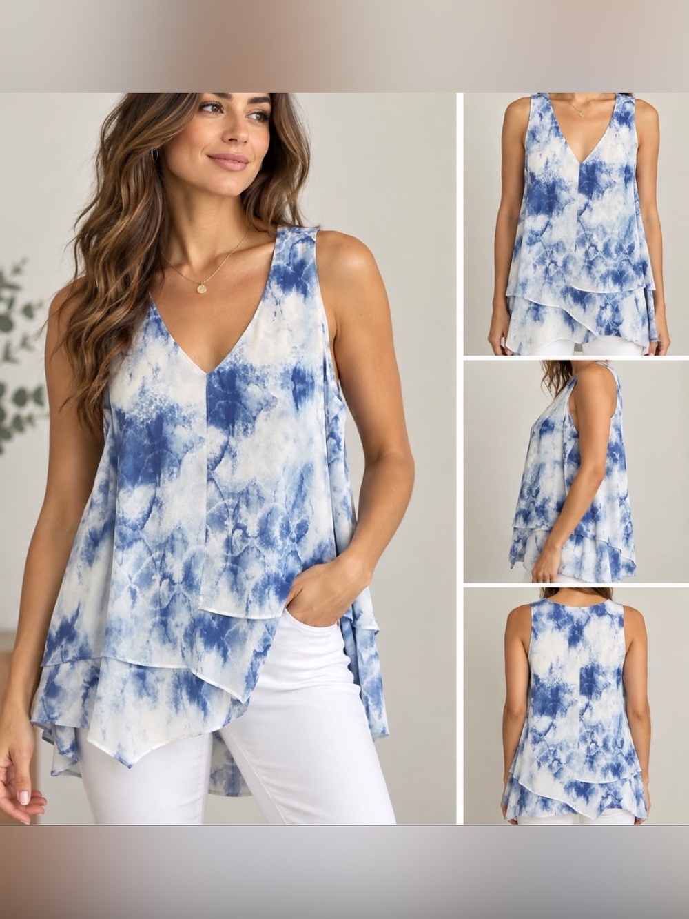 Karen Kane M Blue White Watercolor Layered Asymmetrical Boho Tunic Top Made USA